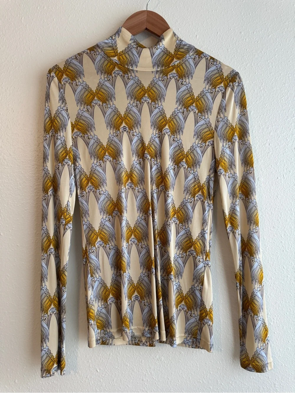 Tory Burch Printed Silk Jersey Turtleneck- Sand Deco Crane Geo design